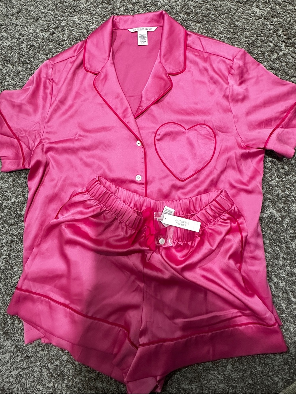Victoria's Secret Bright Pink Satin Short Pajama Set with Heart Pocket NWT